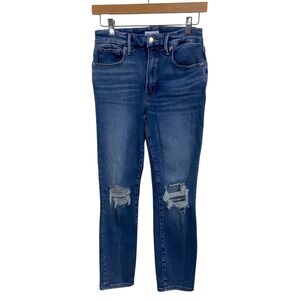 Good American High Waist Skinny Jeans Size 6/28 Ripped Knee Distressed Blue